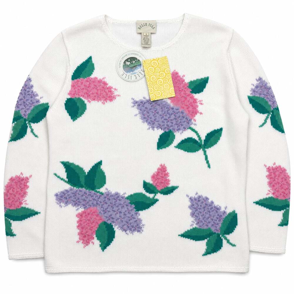 Belle Isle Vintage White Lilac Floral Knit Long Sleeve Sweater NWT